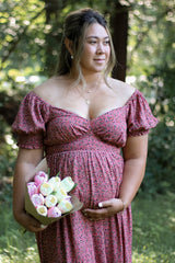 Pink Floral Puff Sleeve Maternity Maxi Dress