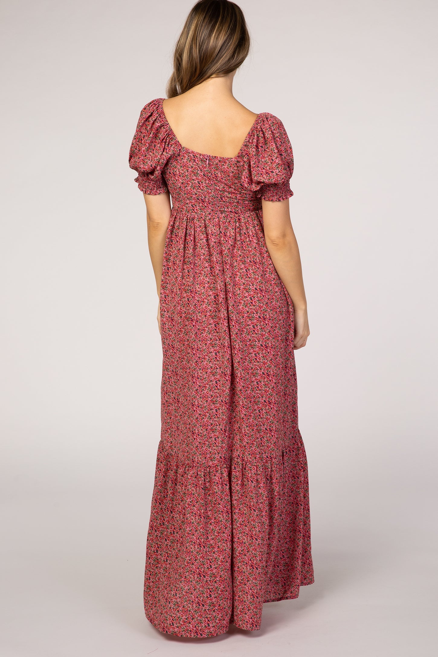 Pink Floral Puff Sleeve Maternity Maxi Dress