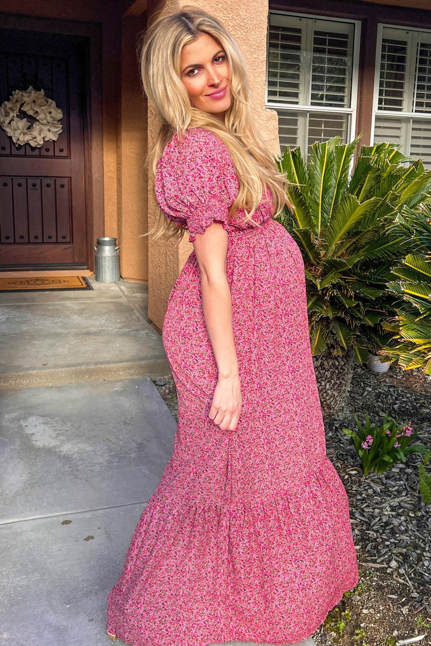 Pink Floral Puff Sleeve Maternity Maxi Dress