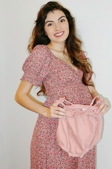 Pink Floral Puff Sleeve Maternity Maxi Dress