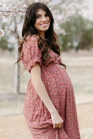 Pink Floral Puff Sleeve Maternity Maxi Dress