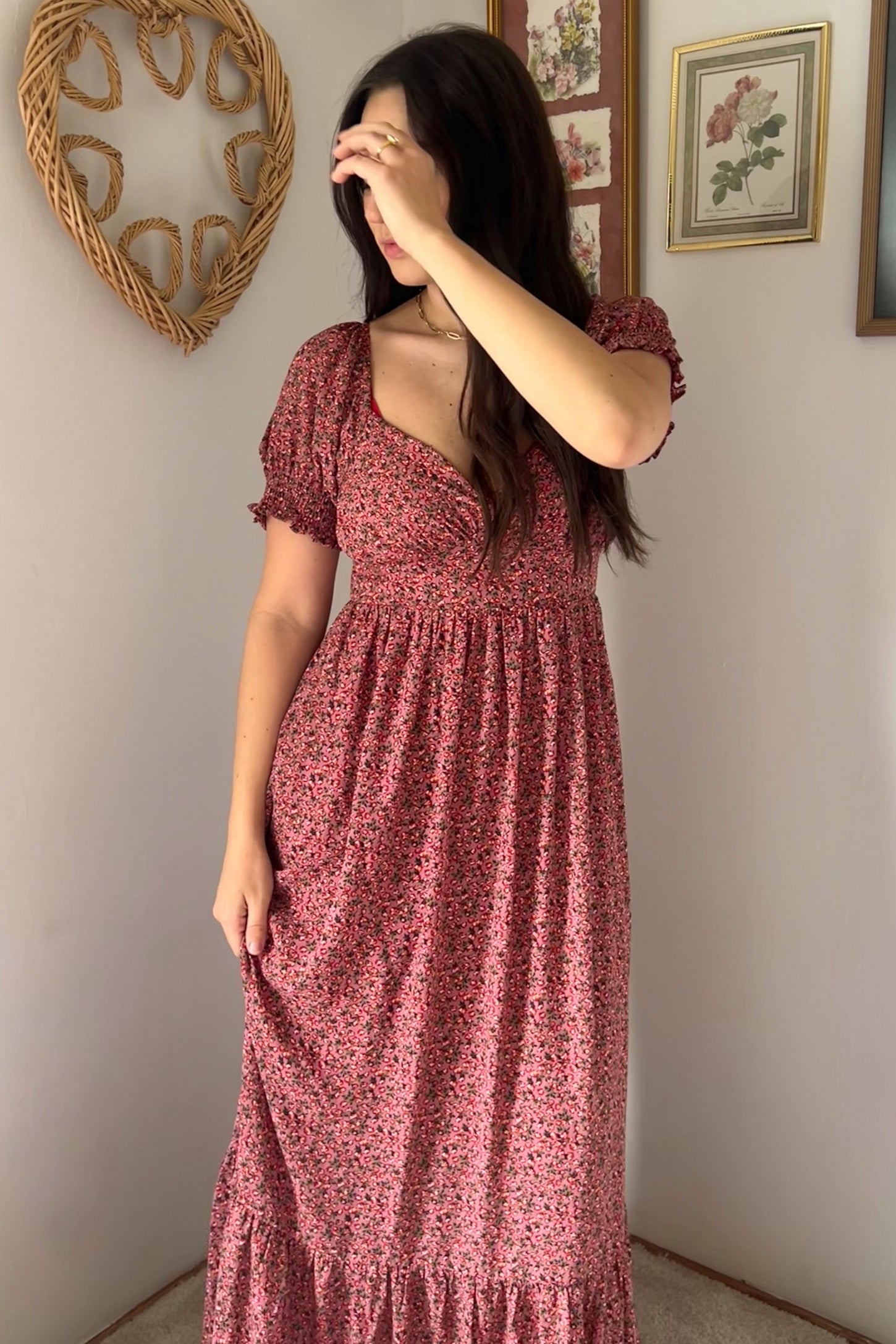 Pink Floral Puff Sleeve Maxi Dress