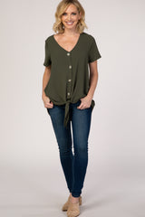 Light Olive Button Tie Front Top