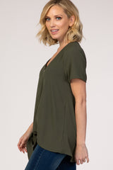 Light Olive Button Tie Front Top