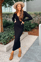 Black V-Neck Long Sleeve Fitted Maxi Dress