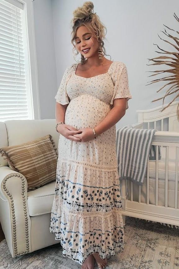 Beige Floral Embroidered 3/4 Sleeve Maternity Midi Dress