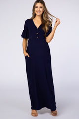 Navy Blue Button Ruffle Sleeve Maternity Maxi Dress