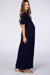 Navy Blue Button Ruffle Sleeve Maternity Maxi Dress