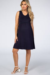 PinkBlush Navy Blue Sleeveless Round Neck Pom Pom Detail Maternity Dress