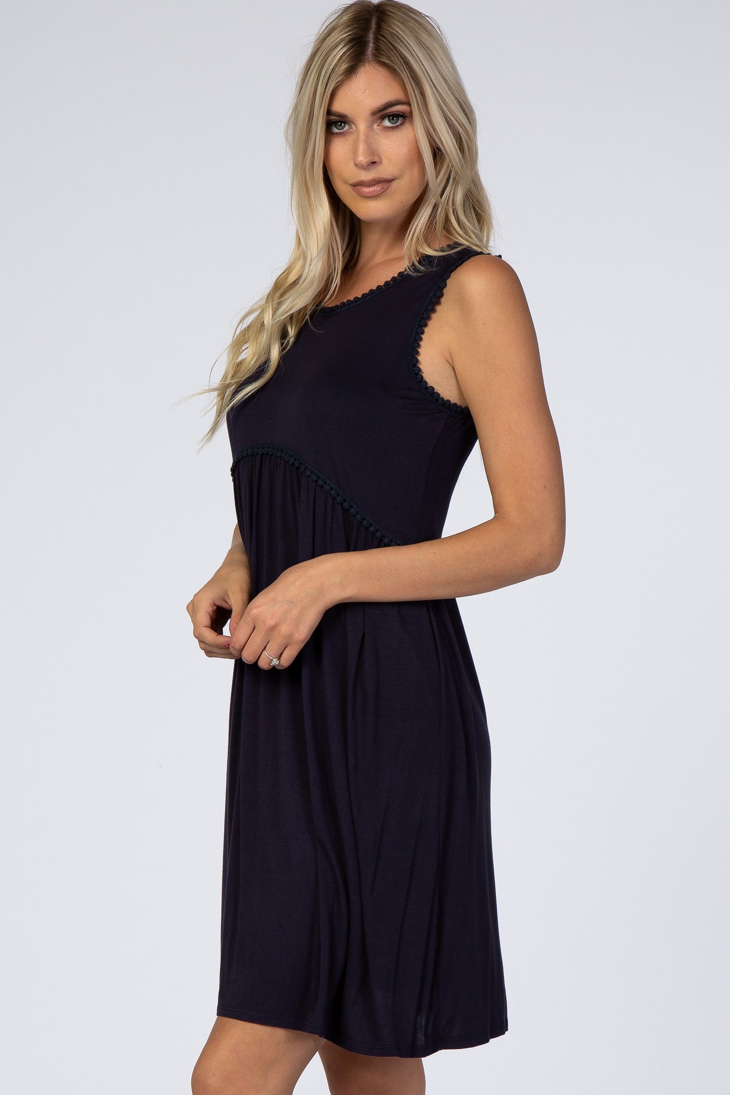 PinkBlush Navy Blue Sleeveless Round Neck Pom Pom Detail Dress