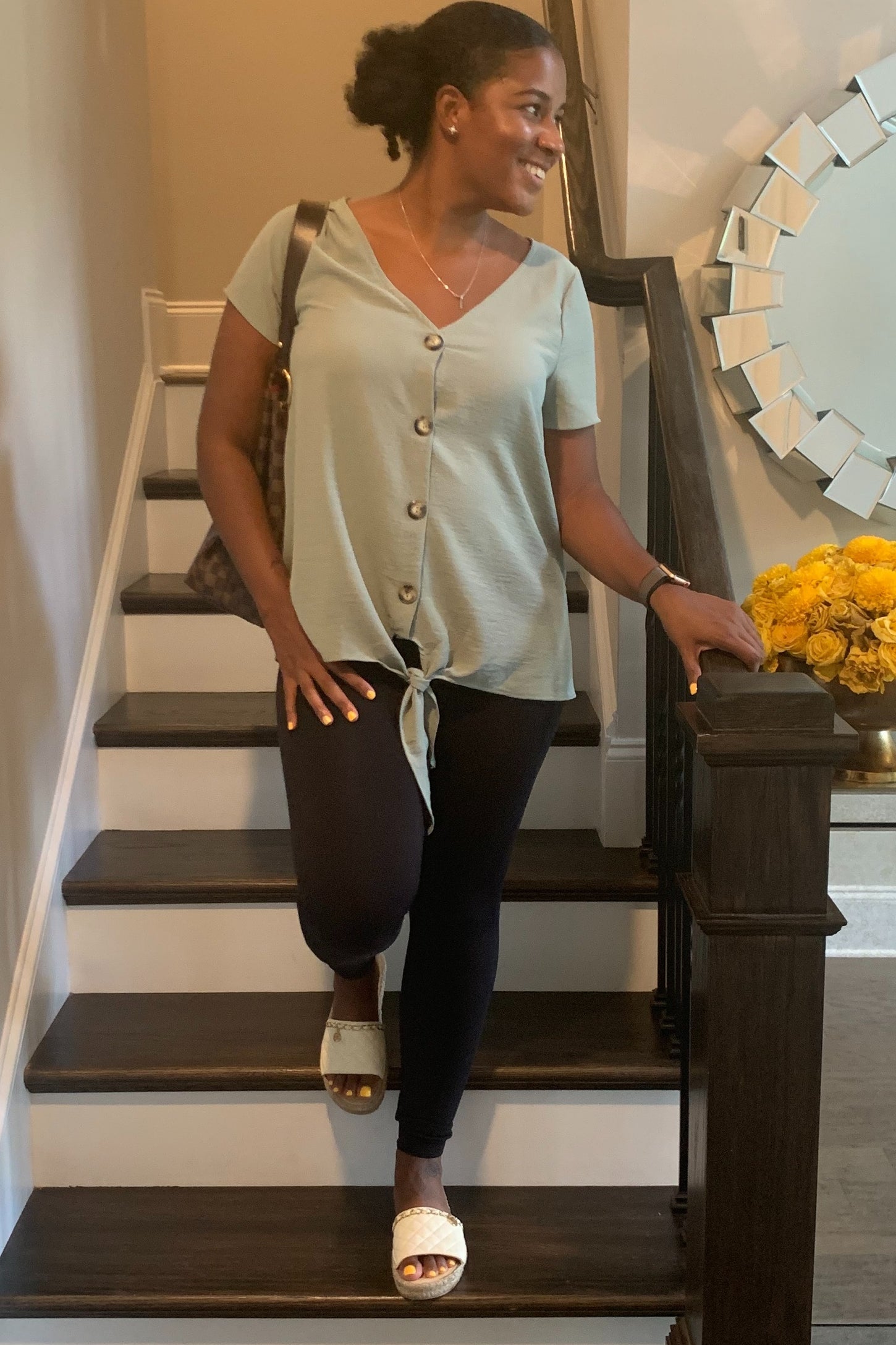 Green Button Tie Front Top