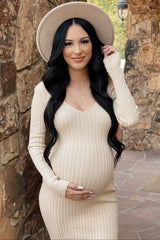 Taupe V-Neck Long Sleeve Fitted Maternity Maxi Dress