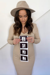 Taupe V-Neck Long Sleeve Fitted Maternity Maxi Dress