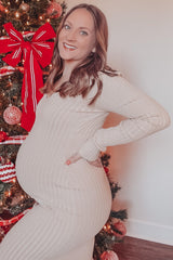 Taupe V-Neck Long Sleeve Fitted Maternity Maxi Dress