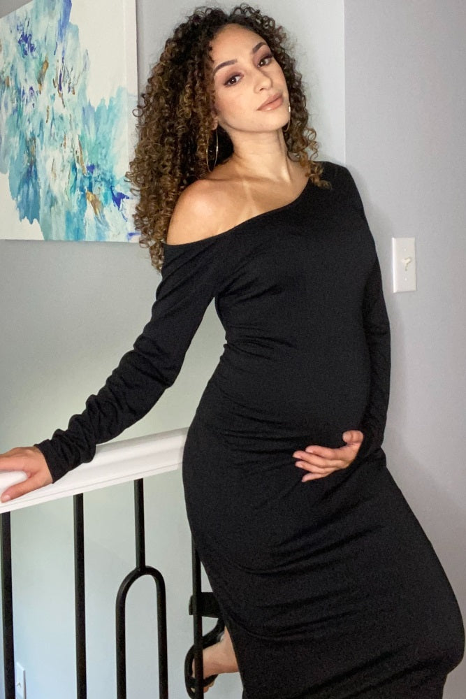PinkBlush Black One Shoulder Fitted Midi Maternity Dress