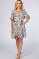 Beige Animal Print Ruffle Sleeve Dress