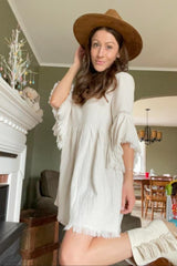 Beige Raw Edge Bell Sleeve Babydoll Dress