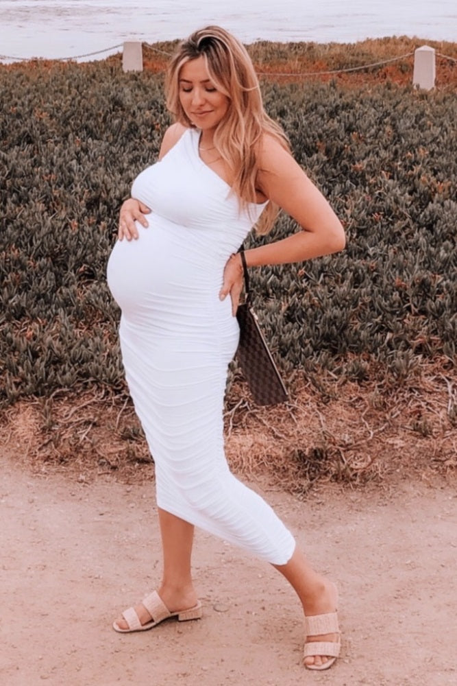 White Ruched One Shoulder Maternity Dress