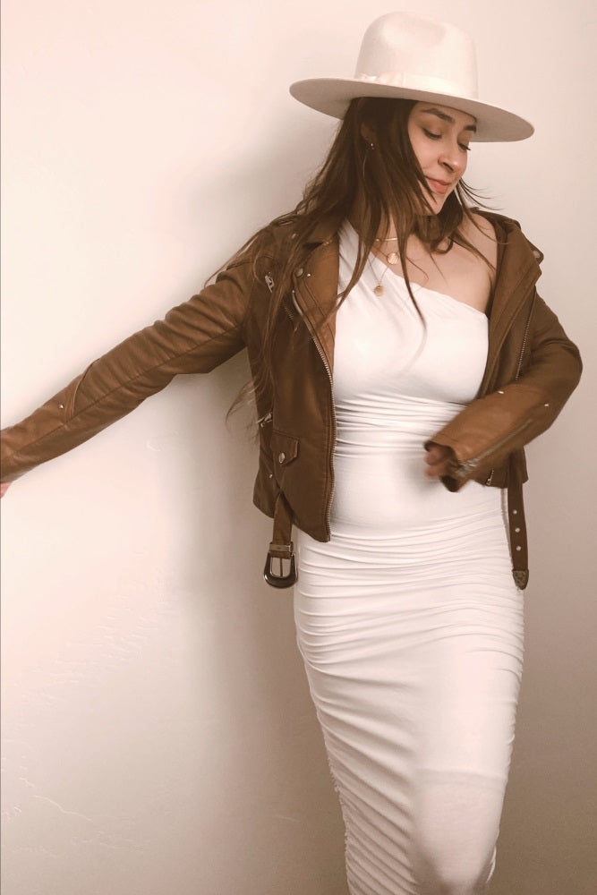 White Ruched One Shoulder Dress