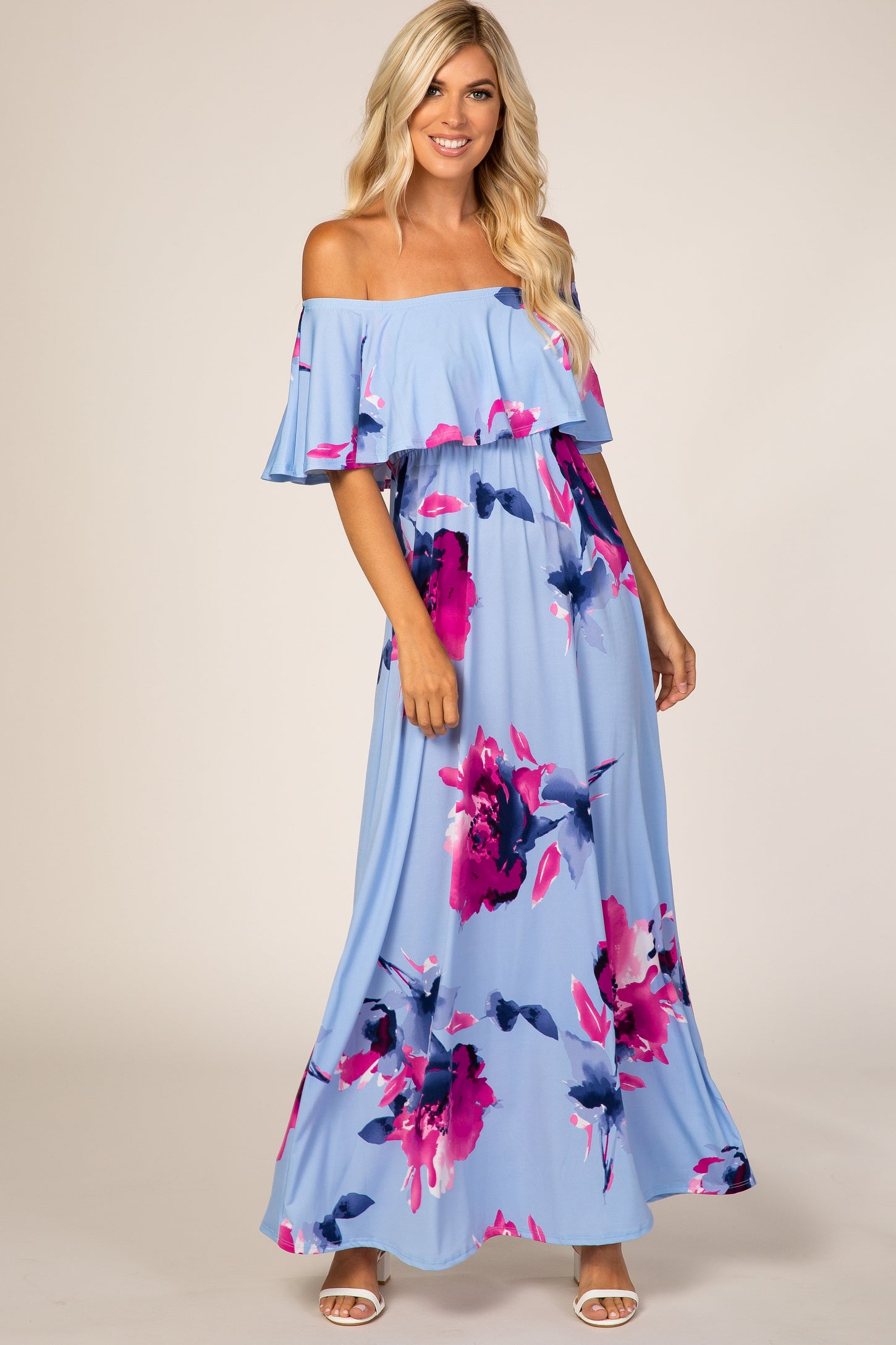 Light Blue Floral Off Shoulder Maternity Maxi Dress