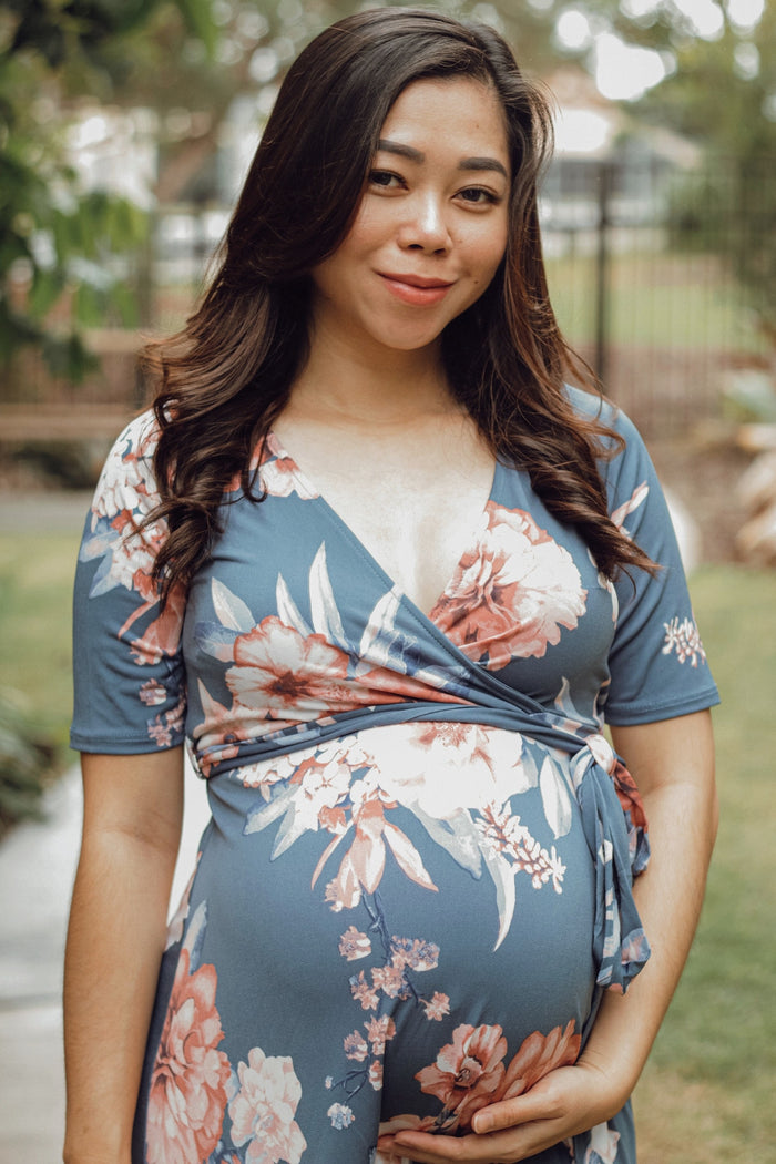 Blue Floral Draped Hi-Low Maternity Dress