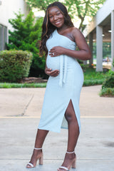 Light Blue One Shoulder Fitted Maternity Midi Dress
