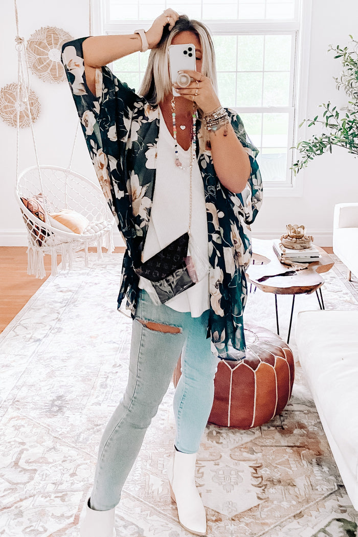 Forest Green Floral Sheer Cover Up