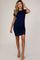 pregnant woman wearing a navy blue short sleeve maternity bodycon dress and tan heels