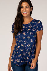 Navy Floral Layered Wrap Front Maternity/Nursing Top
