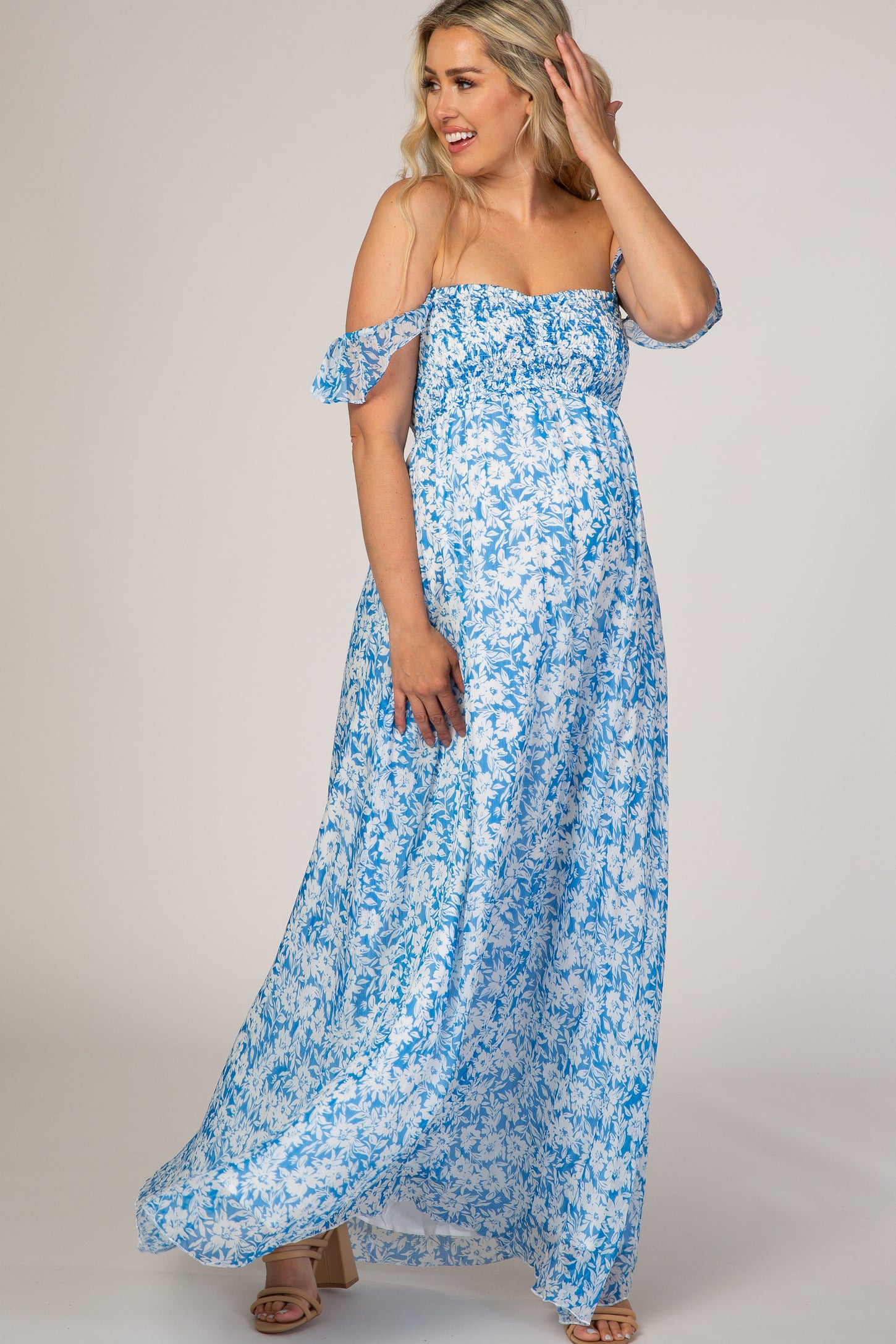 Blue Floral Flutter Sleeve Maternity Maxi Dress