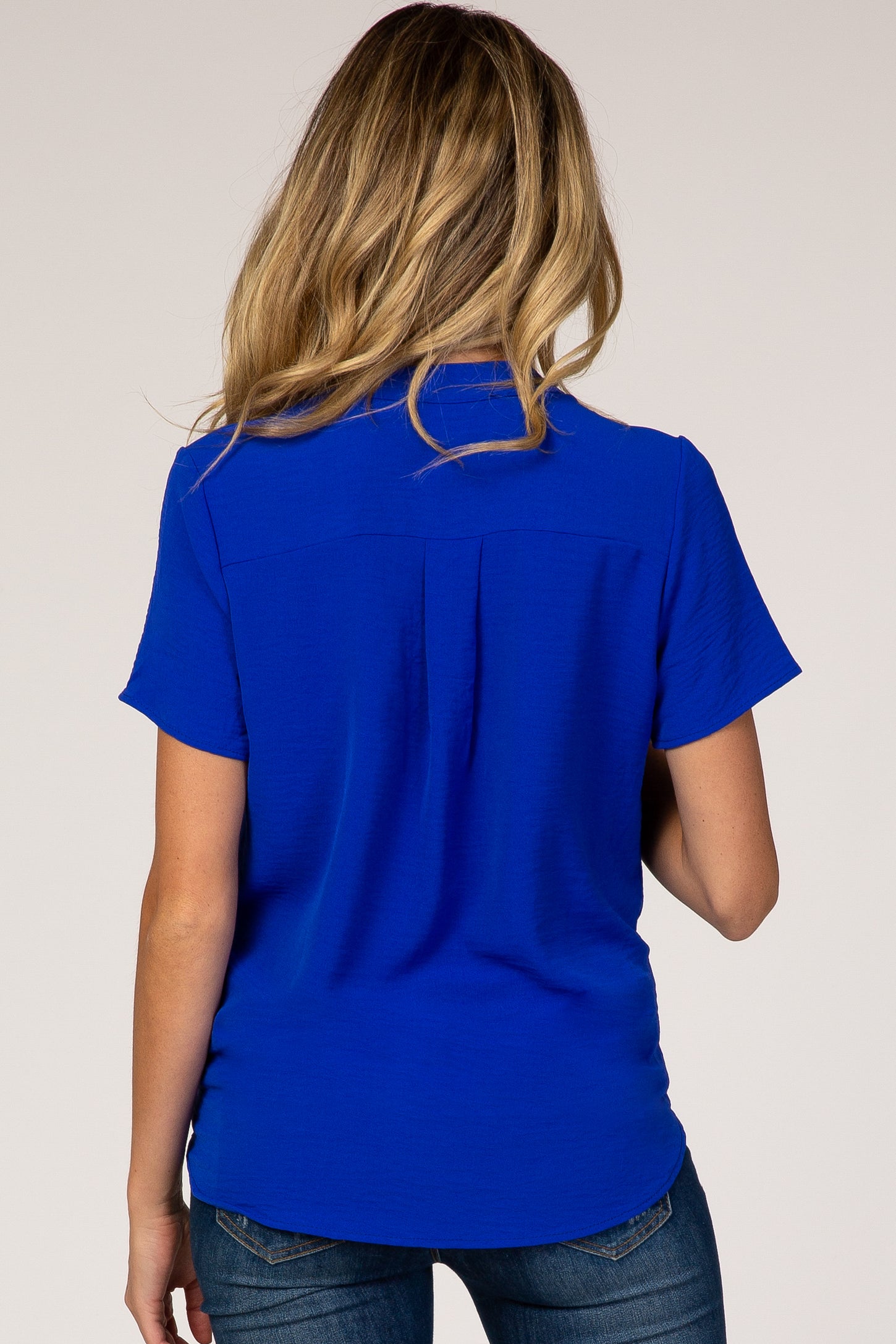 Blue Solid Chiffon V-Neck Maternity Top
