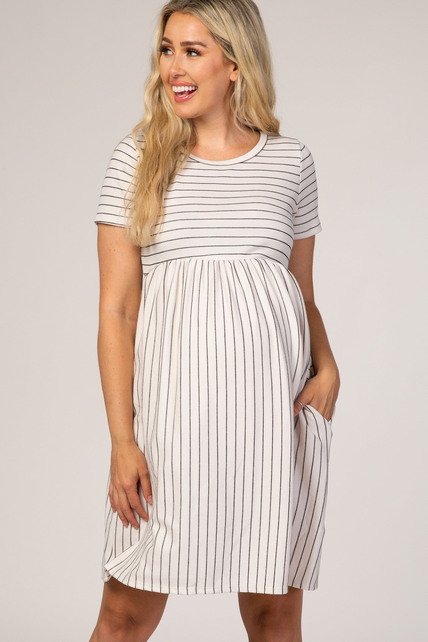 White Striped Maternity Babydoll Dress