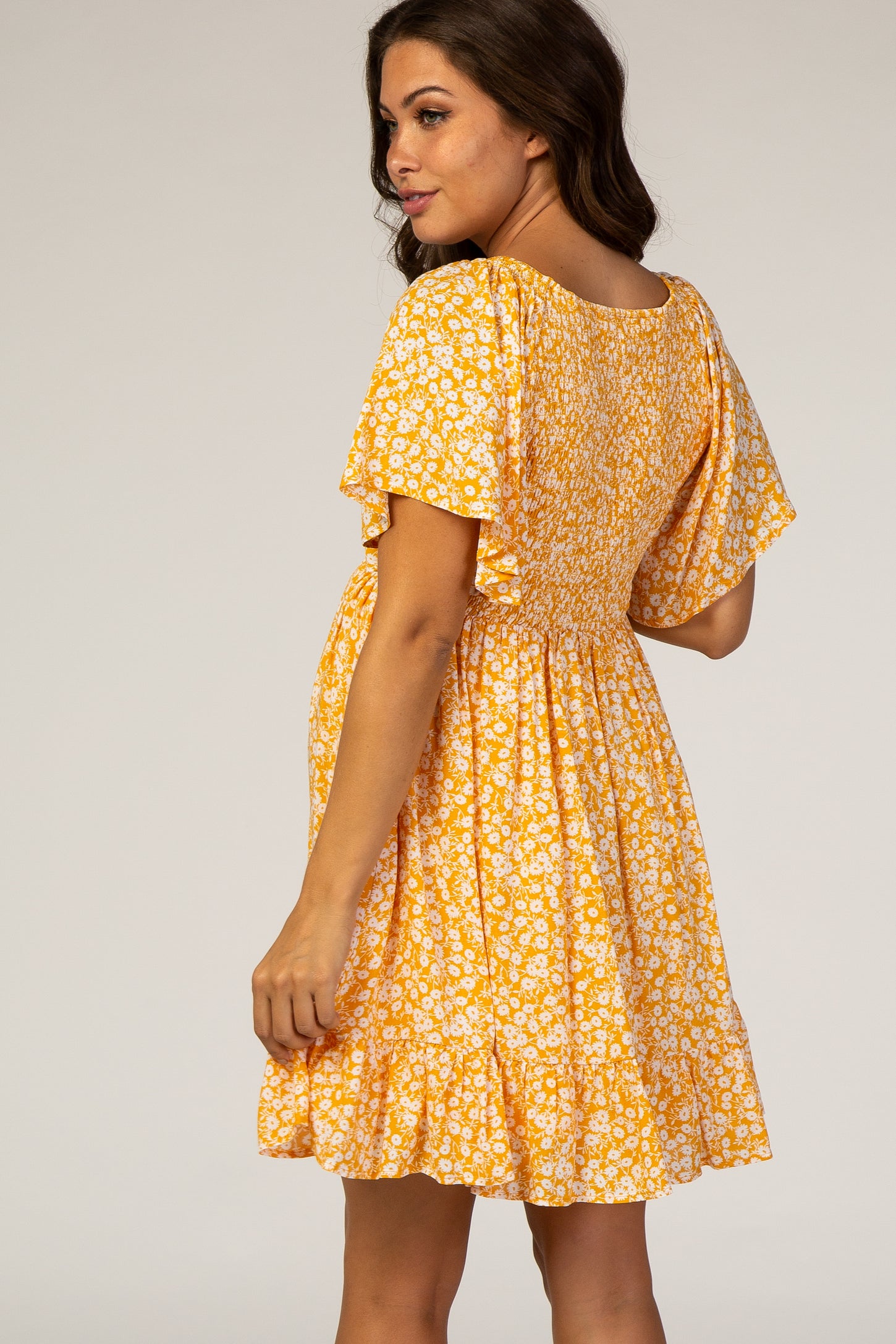 Yellow Floral Smocked Ruffle Maternity Dress