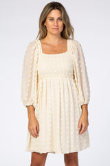 Beige Textured Dot Smocked Square Neck Chiffon Dress