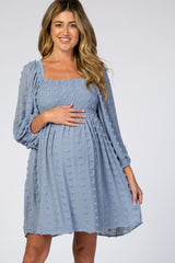 Light Blue Textured Dot Smocked Square Neck Chiffon Maternity Dress