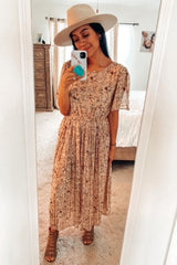 Beige Floral Pleated Chiffon Midi Dress