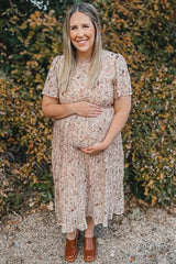 Beige Floral Pleated Short Sleeve Chiffon Maternity Midi Dress