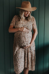 Beige Floral Pleated Short Sleeve Chiffon Maternity Midi Dress