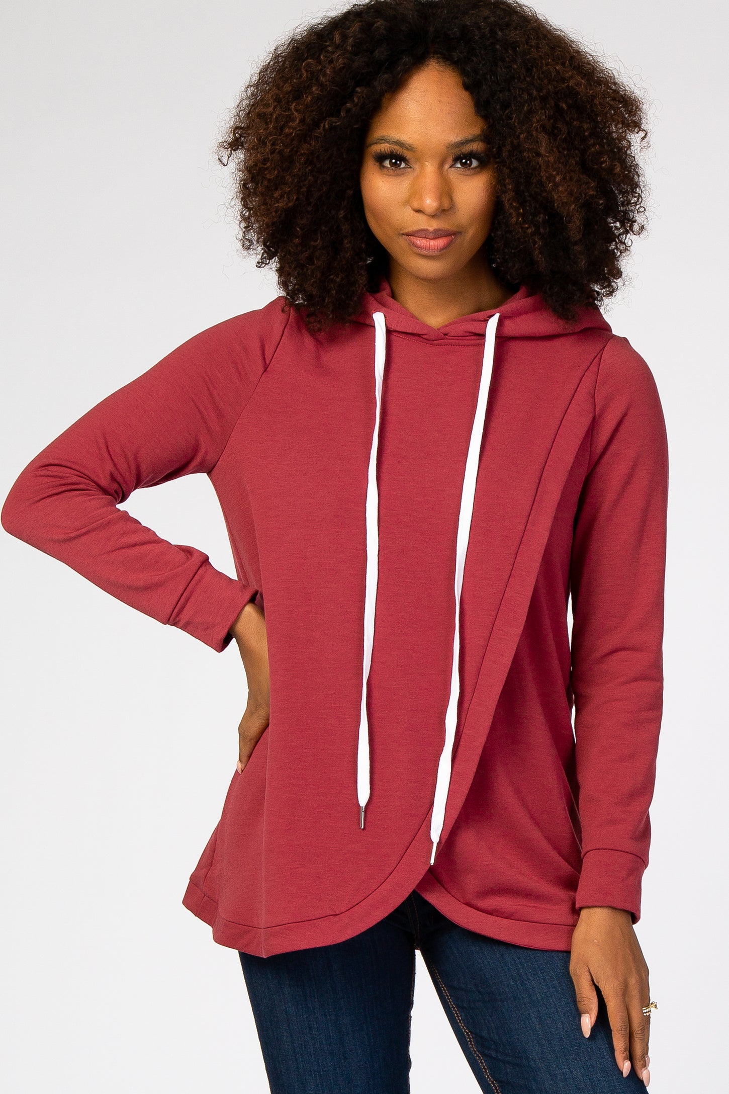 Red Layered Front Nursing Fleece Hoodie