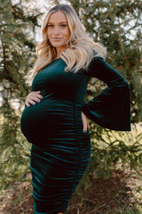 Forest Green Velvet Ruched Bell Sleeve Maternity Dress