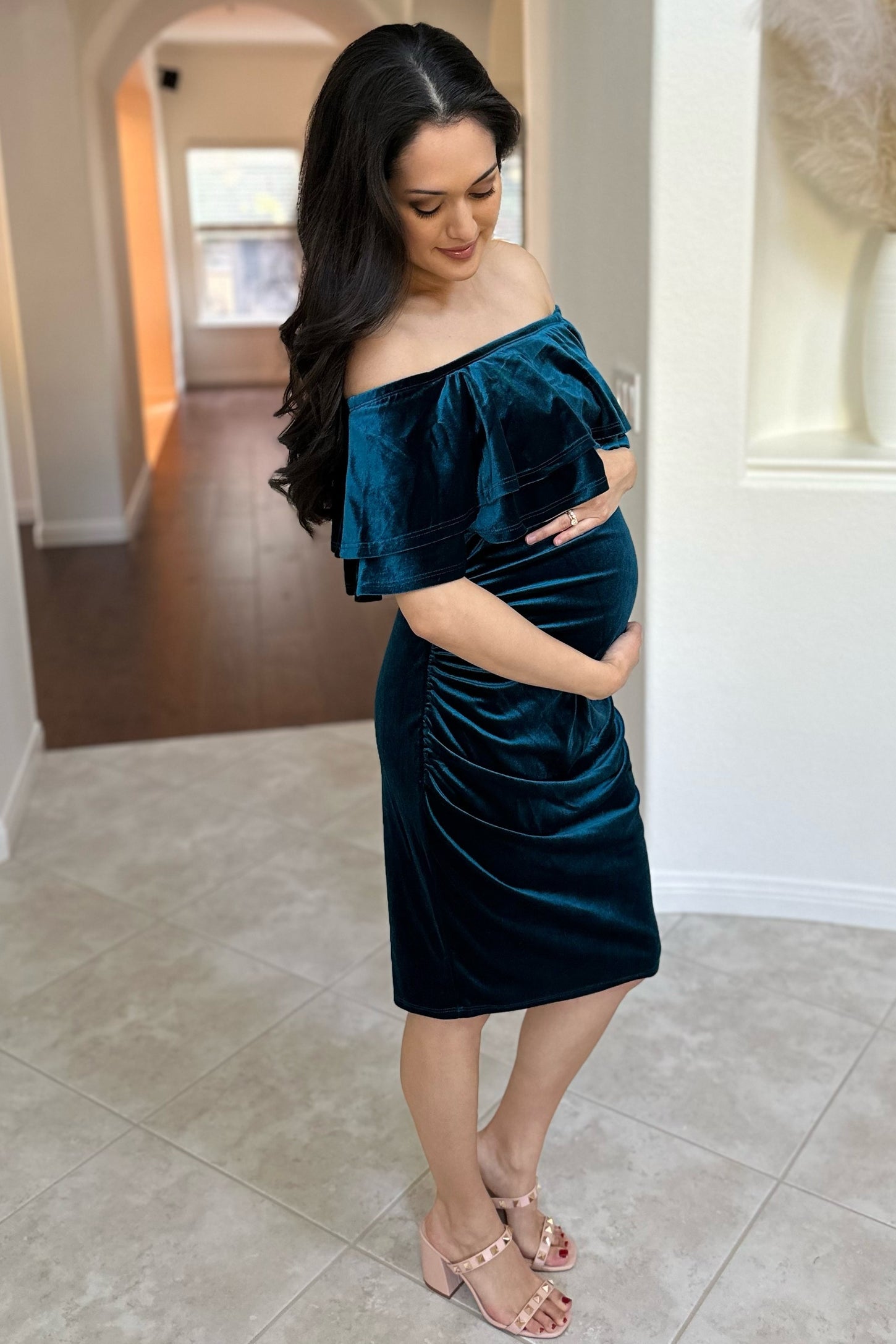 Teal Velvet Off Shoulder Fitted Maternity Dress
