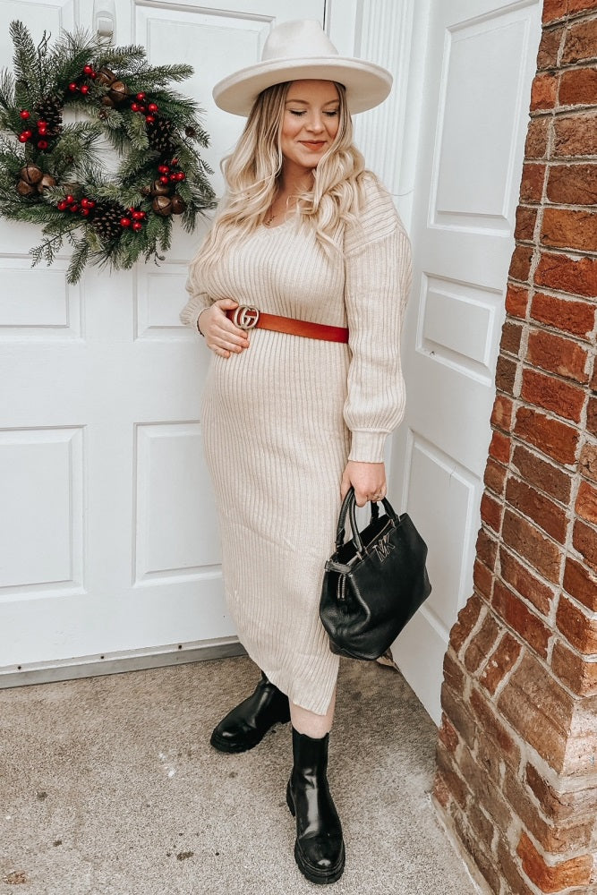 Beige V-Neck Ribbed Maternity Sweater Dress