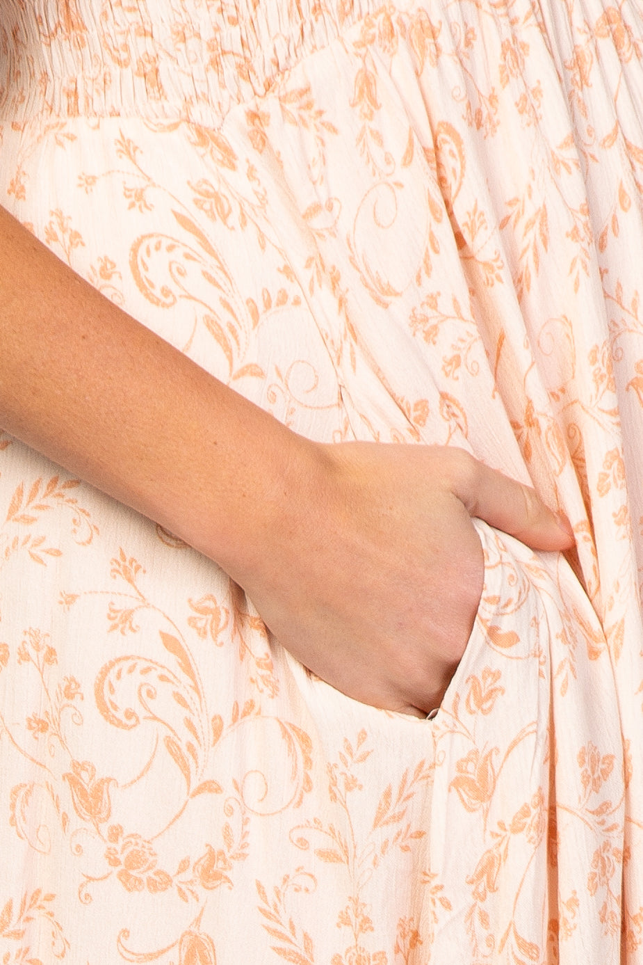 Peach Floral Button Front Smocked Maternity Midi Dress