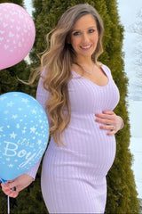 Lavender V-Neck Long Sleeve Fitted Maternity Maxi Dress