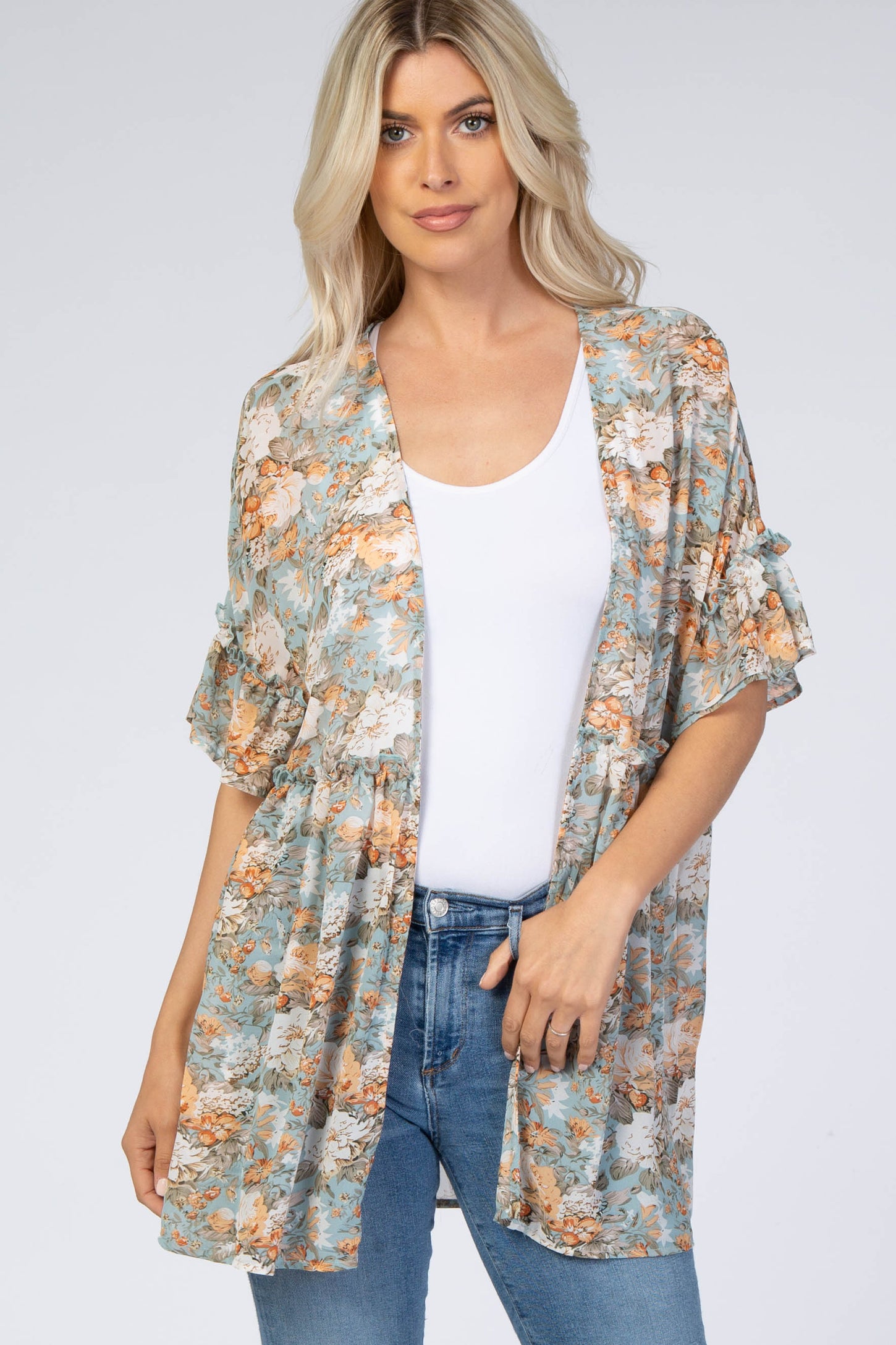 Mint Green Floral Ruffle Hem Maternity Cover Up