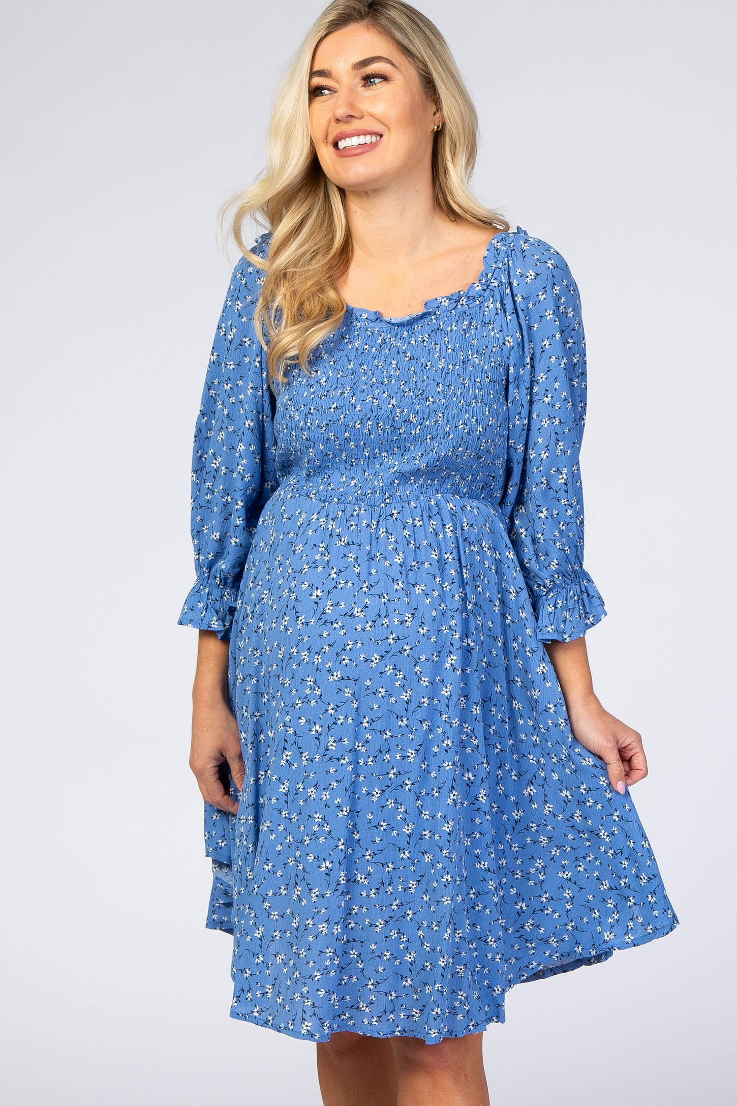 Blue Floral Smocked Maternity Dress