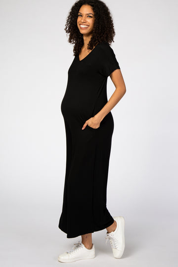 Black Short Sleeve Wide Leg Maternity Jumpsuit