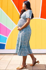 Light Blue Floral Ruffle Maternity Midi Dress