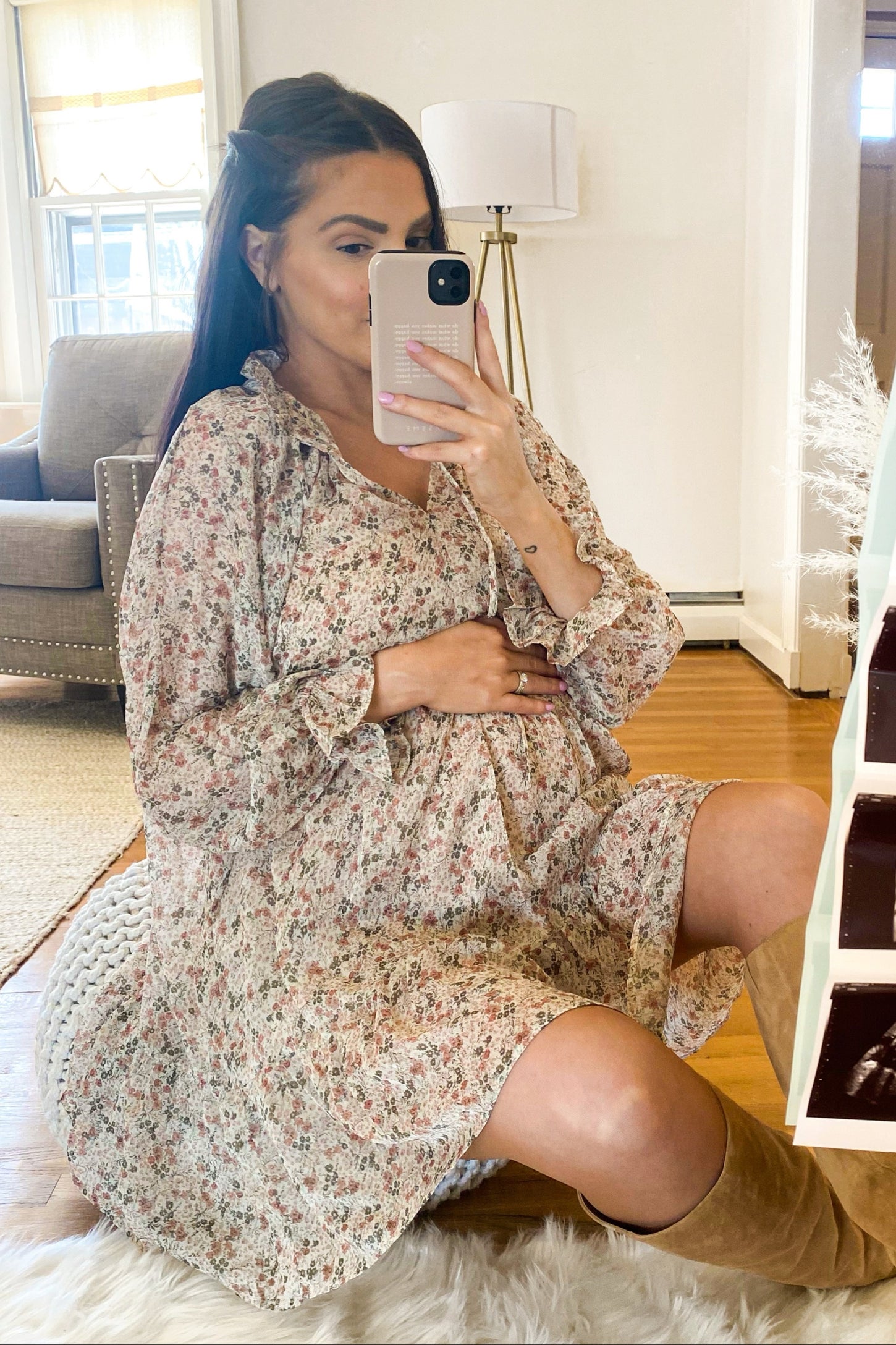 Cream Floral Chiffon Ruffle Hem Maternity Dress