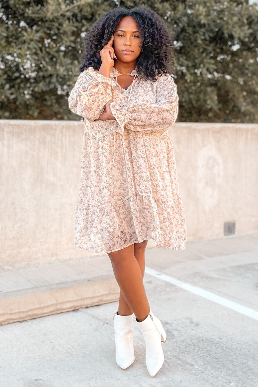 Cream Floral Chiffon Ruffle Hem Dress